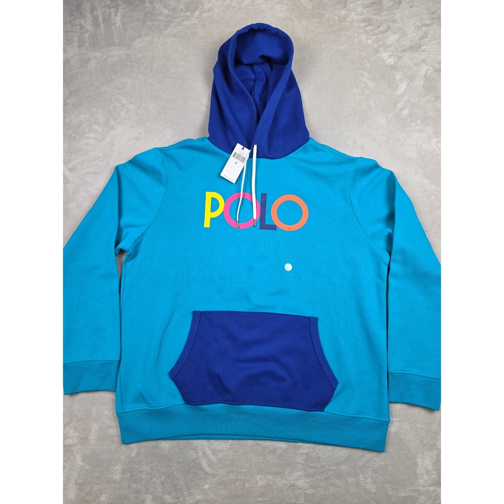 Polo Ralph Lauren Hoodie Men XL Aqua Blue Double Knit Logo Pullover Sweatshirt